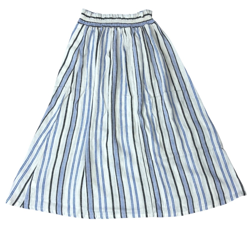 A New Day Striped Linen Blend Smocked Paperbag Waist Midi Skirt Blue XS